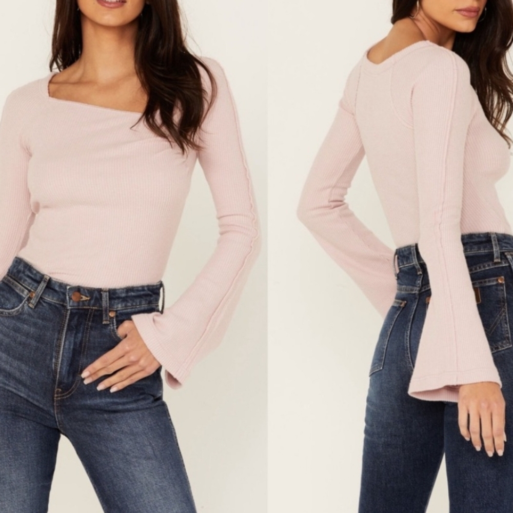 Free People On A Cloud Waffle Knit Pink Long Sleeve Bodysuit Small. Medium.